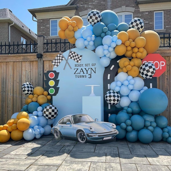 Race Car Balloon Garland  – Two Fast Birthday Decorations, Retro Car Party Balloon Arch with Checkered Balloons, Kids 2nd Birthday Backdrop