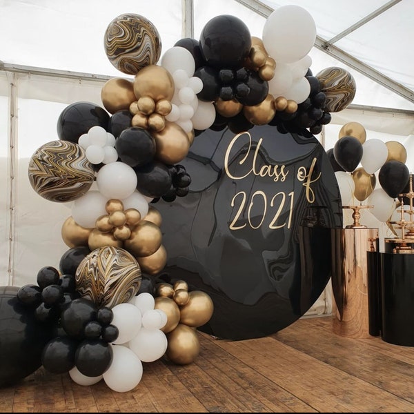 Deluxe Graduation Balloon Garland Kit - Class of 2023, Graduation Party Decorations, Black, White and Gold, Marble Balloon, Grad Party
