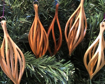 Set of 5, 3D Swirl Christmas Ornaments, various wood tones.