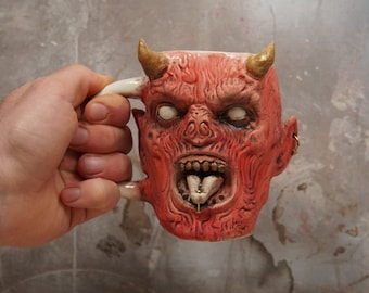 Creepy Horror Devil Mug, evil custom mug, unusual gift, monster mug, handmade ceramic mug, gift mug, dark art