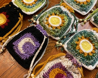 Sun Drawstring Pouch - Moon Drawstring Pouch - crochet