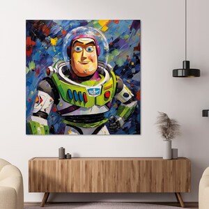 Könnte beinhalten: Ein farbenfrohes Gemälde von Buzz Lightyear, einem Weltraum-Ranger aus der Toy Story-Reihe. Das Gemälde ist in einem lebendigen Stil mit kräftigen Strichen und leuchtenden Farben gehalten. Buzz ist in seinem ikonischen grün-weißen Raumanzug mit einem violetten Helm und einem entschlossenen Gesichtsausdruck dargestellt.