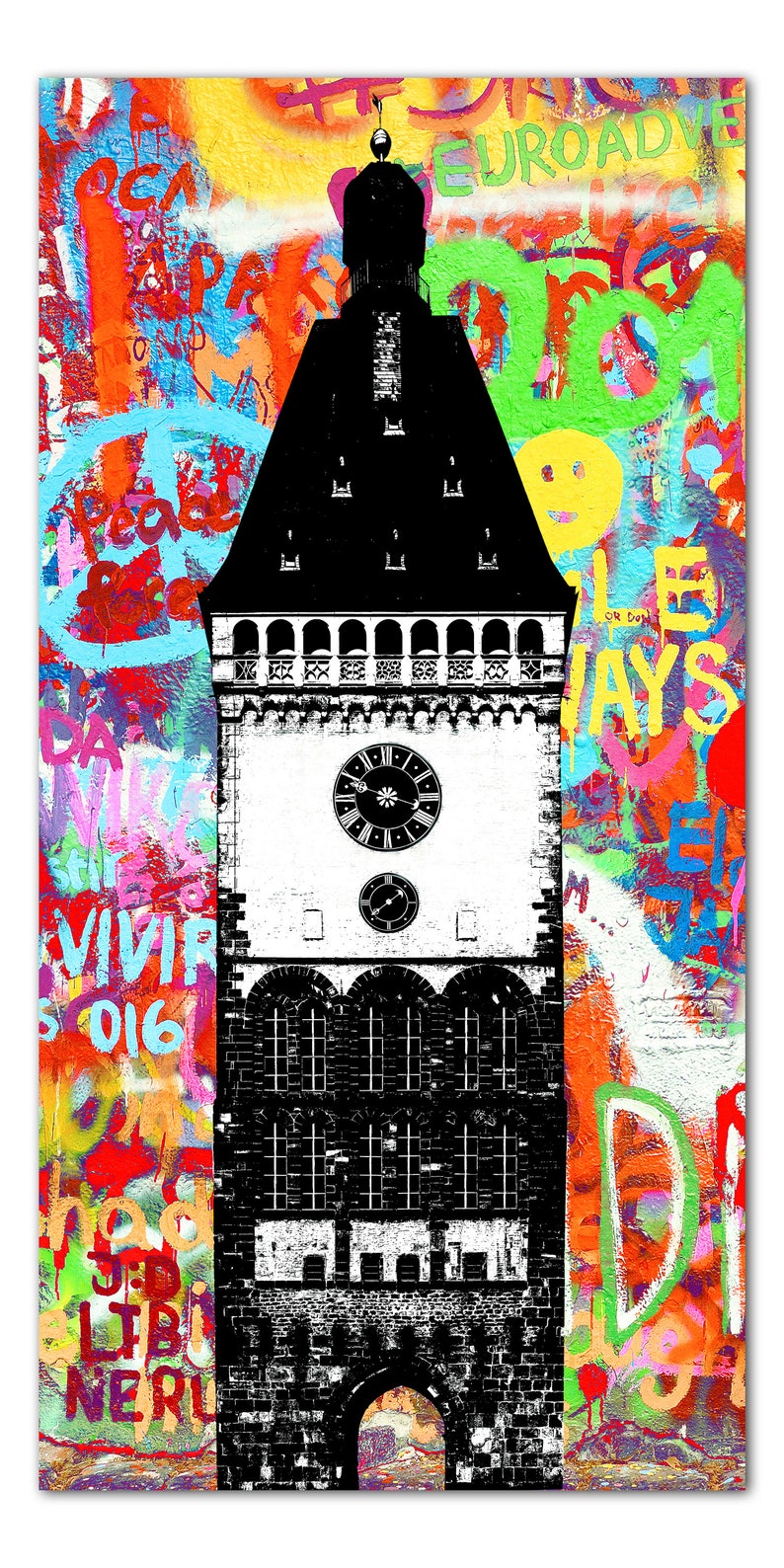 Puede incluir: Una ilustraci&oacute;n en blanco y negro de una torre del reloj con una esfera del reloj y un gran arco. La torre se encuentra sobre un fondo colorido de grafitis con palabras como "EUROADVE", "VIVIR" y "ALWAYS".