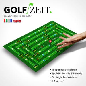 Könnte beinhalten: Ein grünes Spielbrett mit einem labyrinthartigen Design und einem roten Golfball. Das Brett ist mit "GOLF/ZEIT." betitelt. Der Text "Das Würfelspiel für alle Golfer" befindet sich ebenfalls auf dem Brett. Das Brett liegt auf einer weißen Oberfläche.