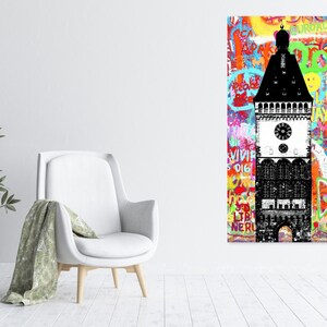 Puede incluir: Una ilustraci&oacute;n en blanco y negro de una torre del reloj con un fondo de graffiti colorido. El graffiti incluye palabras como "EURO" y "ALWAYS".