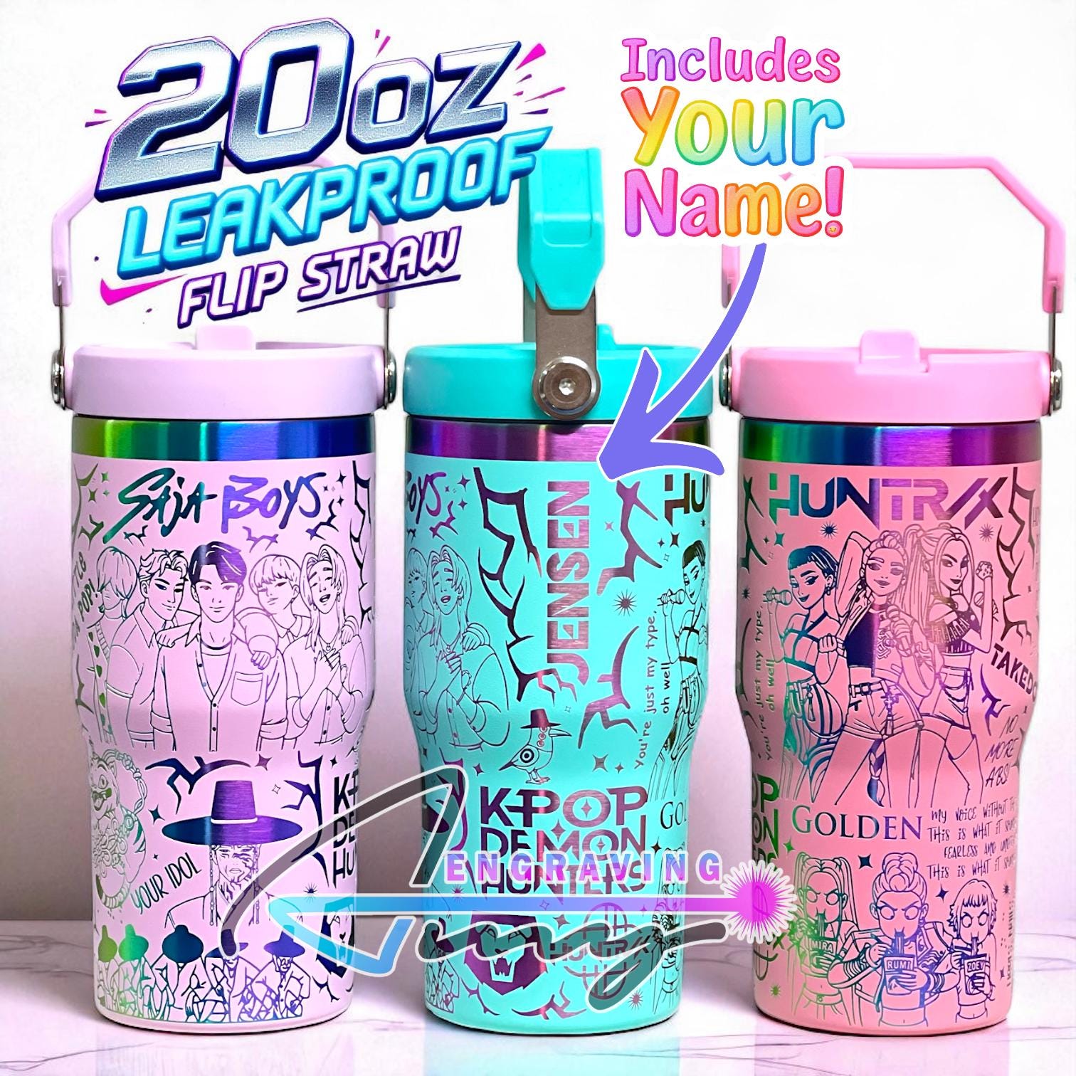 Kpop Huntrix 20oz Flip Straw Water Bottle With Handle, Add Name