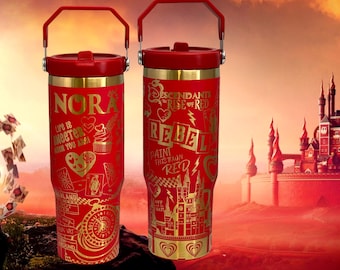Botella de agua con pajita y asa Rise of Red de 30 oz, grabada con láser, para niños, personalizada, Descendientes