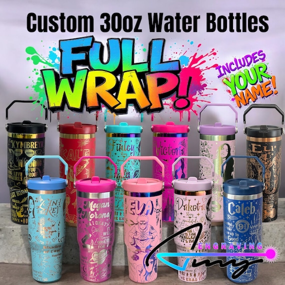 Custom 30oz Full Wrap Water Bottles, Laser Engraved, Includes Your Name, Leakproof Cups, Stanley, Kids Personalized Tumbler, Back to School