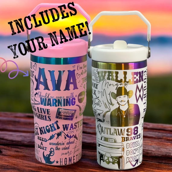 Morgan Wallen Custom 20oz Flip Straw Water Bottle w/Handle, Add Name, Laser Engraved, Kids School Water Bottle, Rainbow Plated, Spill Proof