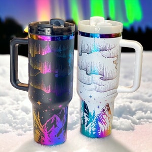 Northern Lights 40oz Iridescent Tumbler, Mountain theme, Stanley like cup, Laser Engraved, Rainbow Plated, Multicolor