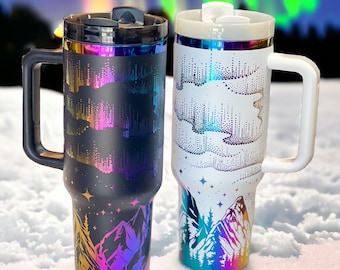 Northern Lights 40oz Iridescent Tumbler, Mountain theme, Stanley like cup, Laser Engraved, Rainbow Plated, Multicolor