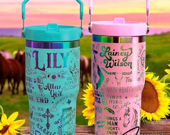 Botella de agua personalizada Lainey Wilson de 20 oz con pajita y asa, grabada a láser, para niños, a prueba de derrames, incluye nombre.