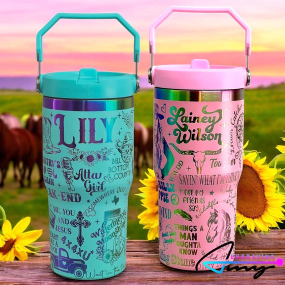 Custom Lainey Wilson 20oz Flip Straw Water Bottle with Handle, Laser Engraved, Kids School Water Bottle, Spill Proof, Includes Name