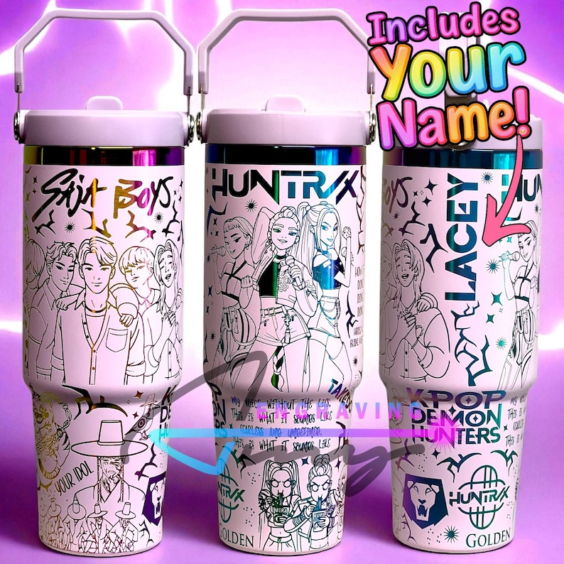 Huntrix K pop Engraved Tumbler 30oz Customized Water Bottle Hunters huntrix-k-pop-engraved-tumbler-30oz-customized-water-bottle-hunters