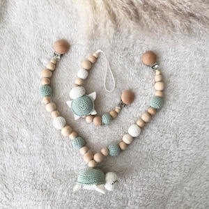 Personalized Crochet Turtle Pacifier Chain & Rattle Set