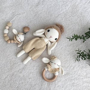 Conjunto de juguete de conejito amigurumi para bebé, sonajero, cadena de chupete, conjunto de conejo %100 hecho a mano, algodón natural, juguete para bebé de 6 a 12 meses