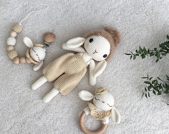 Crochet Bunny Baby Toy Set: Organic Cotton Rattle & Pacifier Chain