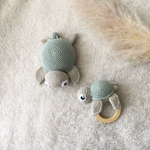 Musical Turtle set, Personalized turtle economy set, chain necklace, pacifier chain birth gift godmother gift, Turtle rattle, Musical