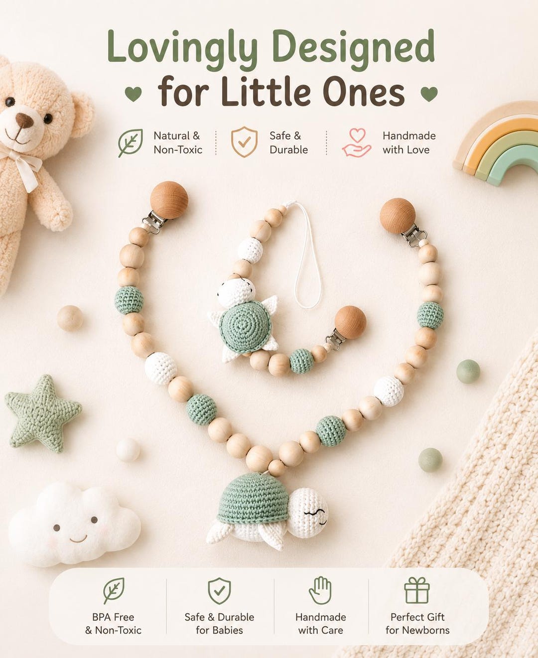 Personalized Crochet Turtle Pacifier Chain & Rattle Set - Etsy
