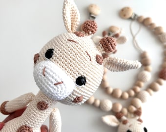 Crochet Giraffe Set: Organic Cotton Baby Rattle & Pacifier Holder