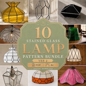 Könnte beinhalten: Ein digitales Download-Paket mit 10 Mustern für Tiffany-Lampen, beschriftet mit 10 STAINED GLASS LAMP PATTERN BUNDLE VER 2, inklusive PDF- und AI-Dateiformaten, dargestellt mit verschiedenen Lampenschirm-Designs in Gelb, Grün, Weiß und Rosa.