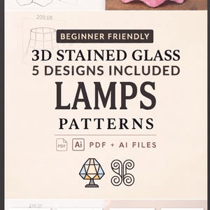 Könnte beinhalten: Ein digitales Schnittmuster-Set für 3D-Tiffany-Lampen mit fünf Designs. Der Text lautet: BEGINNER FRIENDLY 3D STAINED GLASS 5 DESIGNS INCLUDED LAMPS PATTERNS PDF + AI FILES. Enthält technische Strichzeichnungen mit den Maßen 258,14 und 131,38.