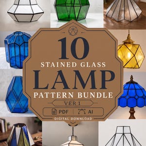 Könnte beinhalten: Ein digitales Download-Paket mit 10 Buntglas-Lampenmustern in PDF- und AI-Formaten. Das Bild zeigt verschiedene geometrische Lampenschirm-Designs aus weißem, grünem, blauem und gelbem Glas mit schwarzen Metall-Lötlinien.