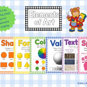 May include: A set of educational posters titled Elements of Art, featuring colorful illustrations of lines, shapes, forms, colors, values, textures, and space. Includes a cartoon bear holding art supplies and text labels for each art concept.