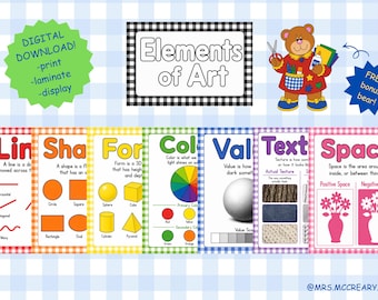 May include: A set of educational posters titled Elements of Art, featuring colorful illustrations of lines, shapes, forms, colors, values, textures, and space. Includes a cartoon bear holding art supplies and text labels for each art concept.