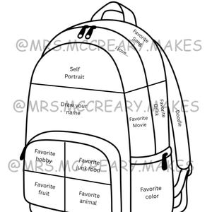 May include: A black and white line art drawing of a backpack titled All About Me Backpack. The design features sections for a self-portrait, name, favorite song, movie, drink, hobby, junk food, fruit, animal, color, and a space for a doodle.