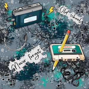 Könnte beinhalten: Illustration eines blauen Vintage-Kassettenrekorders mit Kopfhörern, einer Kassette mit Bleistift, Noten und den Wörtern "Old school" und "Never forget" auf grau-türkisfarbenem Hintergrund.