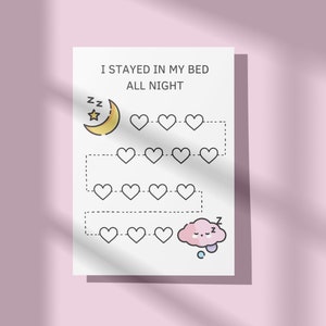 Può includere: Un grafico stampabile con il testo "Sono rimasto a letto tutta la notte". Il grafico presenta una luna crescente con una stella, una nuvola con un viso addormentato e una serie di cuori da riempire.
