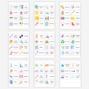 May include: A colorful chart with 9 different categories of art supplies, including drawing, painting, crafting, and more. Each category has 4-6 items, with illustrations of each item.