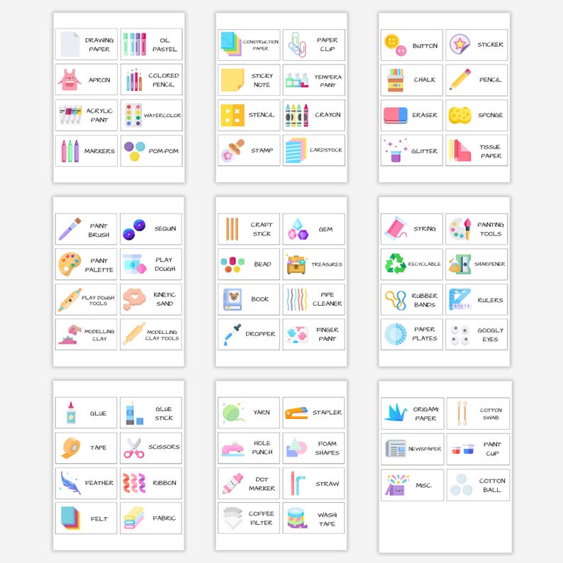 May include: A colorful chart with 9 different categories of art supplies, including drawing, painting, crafting, and more. Each category has 4-6 items, with illustrations of each item.