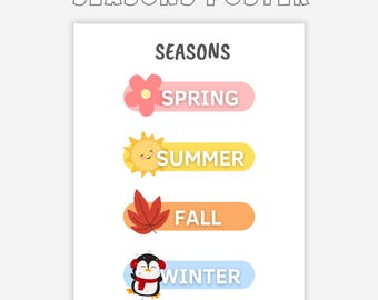Four Seasons Printable Poster, Nursery Seasons Learning Prints, Homeschool Wall Art for Kids Playroom, Classroom Educational Decor