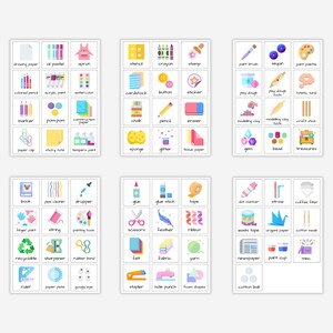 May include: A set of 60 colorful cards with illustrations and text labels for art supplies. The cards are organized into six categories: drawing, painting, construction, clay, glue, and other. Each card features a different art supply, such as crayons, paint brushes, construction paper, modeling clay, glue sticks, and more.