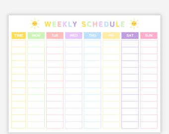 Kids Weekly Schedule Chart for School & Activities, Printable Weekly Planner with Time Slots, Homeschool Children Rainbow Weekly Timetable