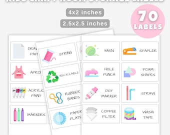 Kids Craft Room Storage Labels, Printable Classroom Art Supplies Label with Colored Pictures, School Kindergarten Playroom Craft Box Labels