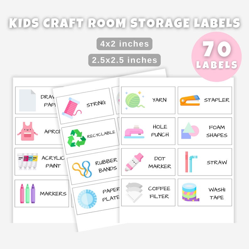 May include: 70 printable labels for kids craft room storage. The labels are in a grid format with colorful icons and text. The labels include items like yarn, string, markers, and paper plates.