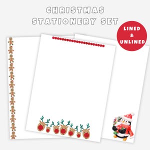 Printable Christmas Stationery Writing Paper Set, Blank Letter Stationary Sheet, Kids Gingerbread Deer and Penguin Lined Letter