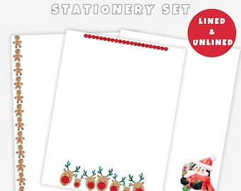 Printable Christmas Stationery Writing Paper Set, Blank Letter Stationary Sheet, Kids Gingerbread Deer and Penguin Lined Letter