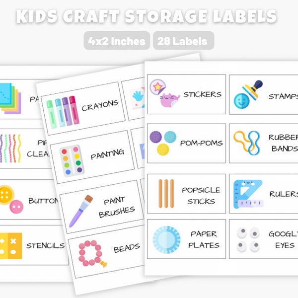 Kids Craft Room Storage Labels, Printable Classroom Art Supplies Label with Colored Pictures, School Kindergarten Playroom Craft Box Labels