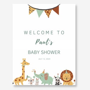 Cartello di benvenuto per baby shower a tema giungla, cartello per baby shower con animali del safari, poster per baby shower con palloncini giraffa, striscione decorativo per baby shower