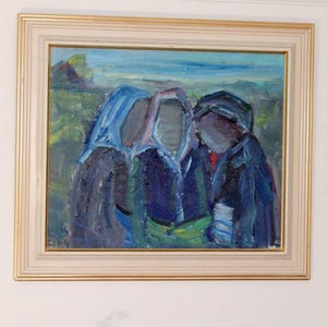 May include: Oil painting in a gold-toned frame. The artwork depicts three figures in dark blue and black clothing, with blue head coverings. The background features green and blue brushstrokes, suggesting a landscape. The painting has a textured, impressionistic style.