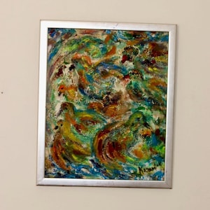 Original Swedish Mid- Century Oil On Panel Painting &quot;Composition- Birds&quot; --Vintage & Framed