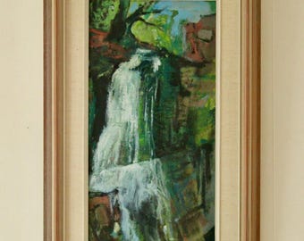 May include: An oil painting of a waterfall cascading down a rocky cliff, framed in a light brown wooden frame. The artwork features a palette of greens, blues, and browns, capturing the natural beauty of the scene. The painting is mounted on a cream-colored wall.