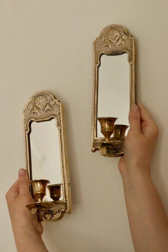 Pair of Mid-Century Swedish Brass Sconces with Mirror