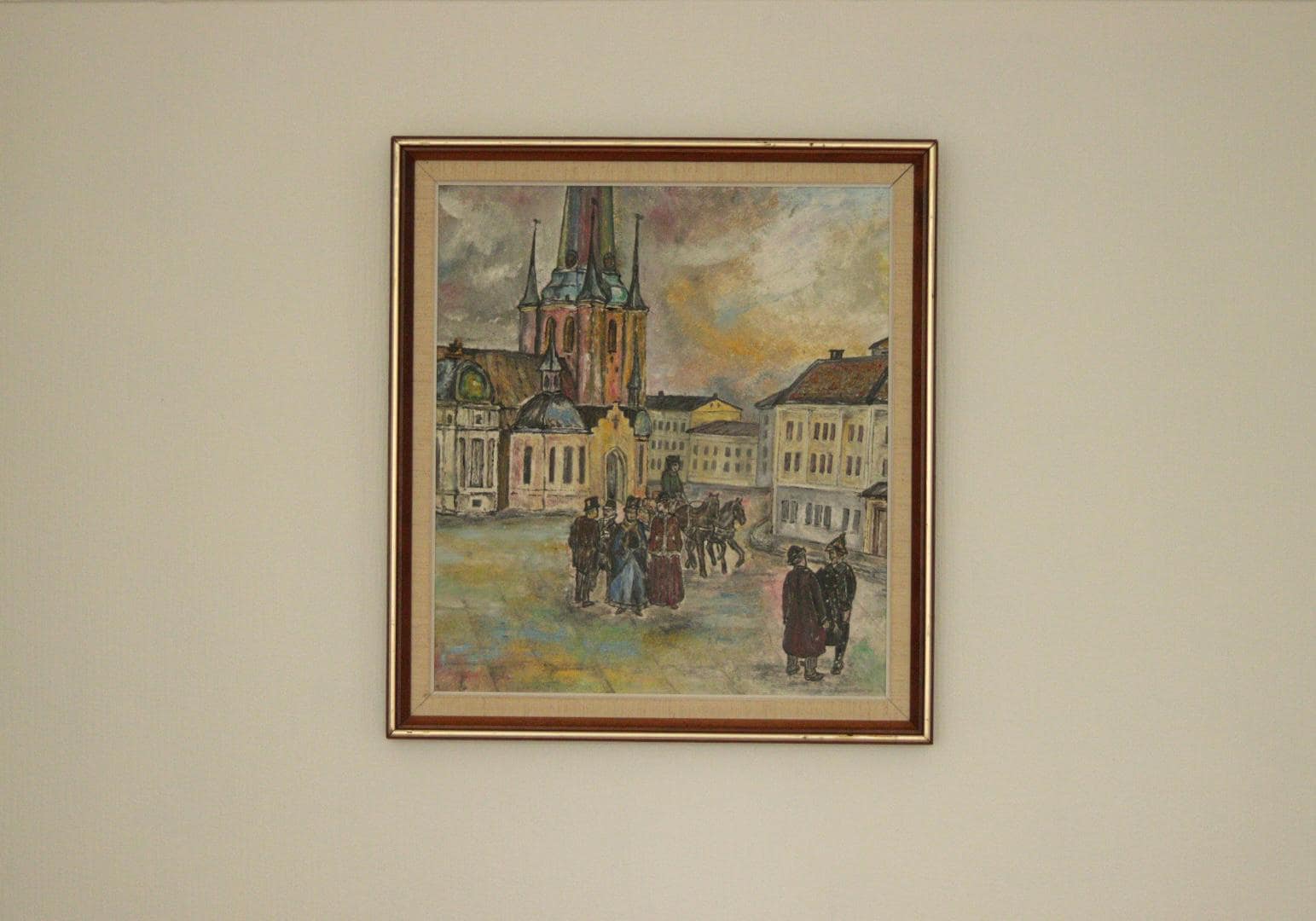 Original Vintage Canvas Oil Painting City Framed Mid-Century