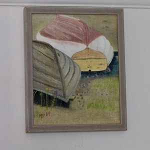 1989 Original Swedish Modernist Oil on Canvas &quot; Boats&quot; - Framed