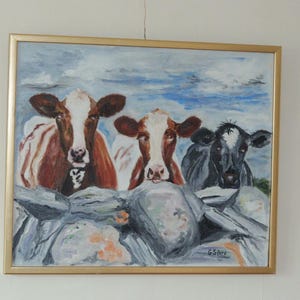 Original Modernist Swedish Acrylic on Canvas &quot;Three Cows&quot;  - Vintage & Framed